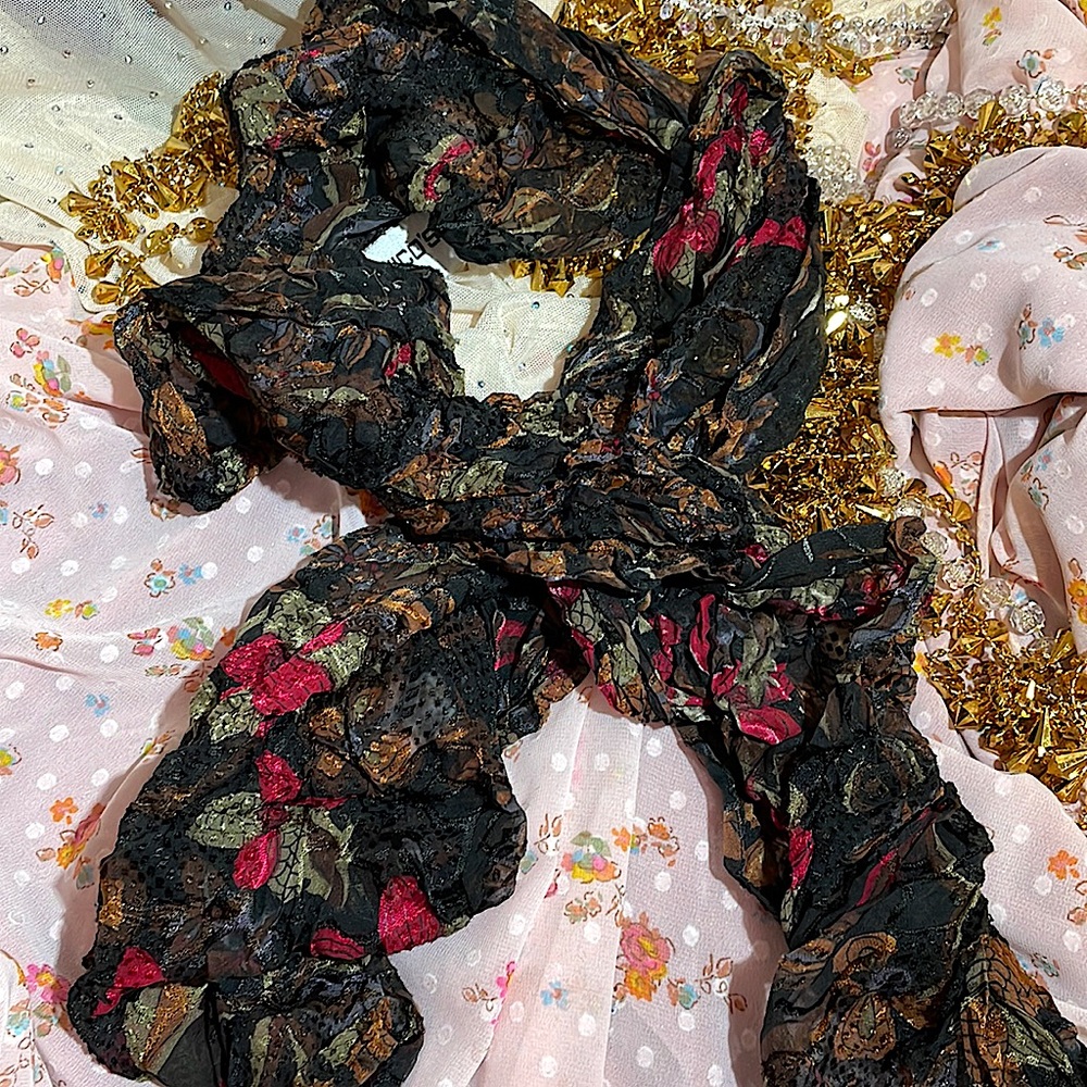 Silk Rayon Burnout Dark Floral Scarf / Shoulder Wrap